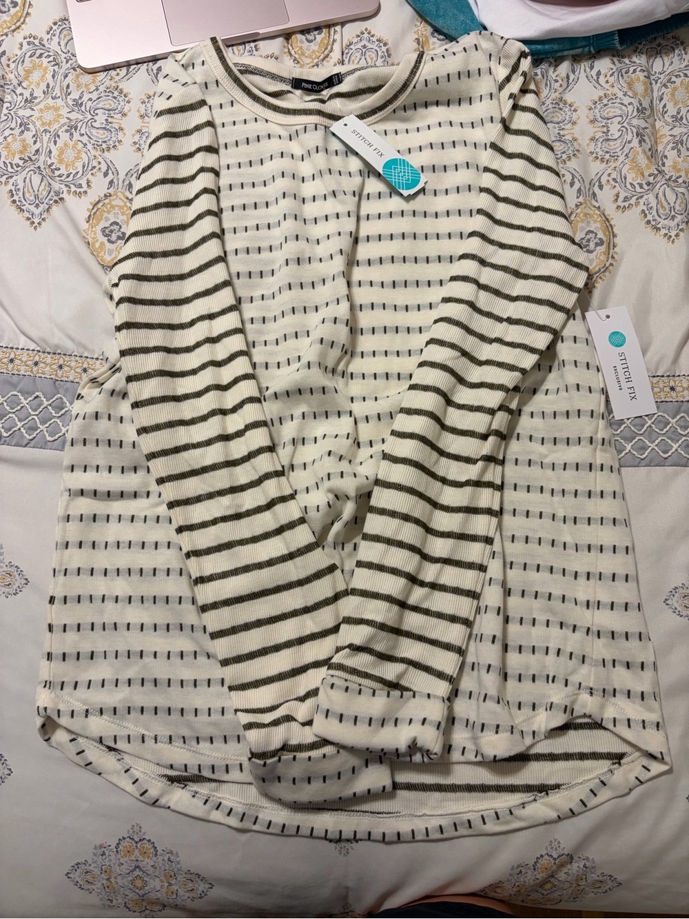 Stitch Fix Cream & Olive Striped Lightweight Crewneck Sweater